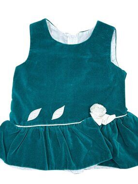 Velvet Teal Baby Dress With White Bow & Embroidery Vintage 12M